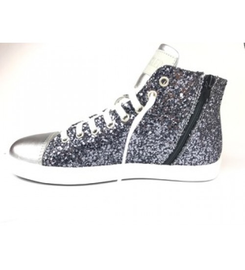 Woman's sneakers handmade glittering  silver leather